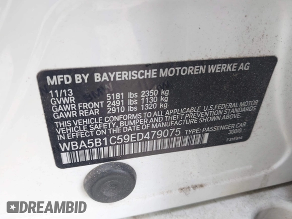 2014 BMW 5 Series 535i with VIN WBA5B1C59ED479075, listed as a IAAI auction lot 42331693 with 60,530 mi miles and . Bid and sale history available at DreamBid. Image 9.