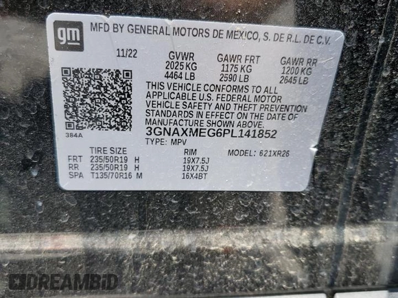 2023 Chevrolet Equinox RS with VIN 3GNAXMEG6PL141852, listed as a Copart auction lot 57646895 with 45,017 mi miles and Salvage title. Bid and sale history available at DreamBid. Image 13.