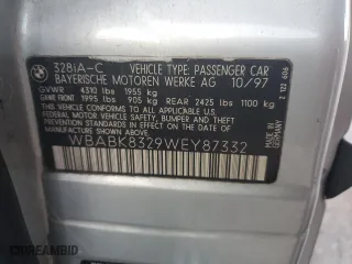 1998 BMW 3-Series 328IC with VIN WBABK8329WEY87332, listed as a Copart auction lot 84509224 with 101,390 mi miles and Clean Title. Bid and sale history available at carsss.com. Image 12.