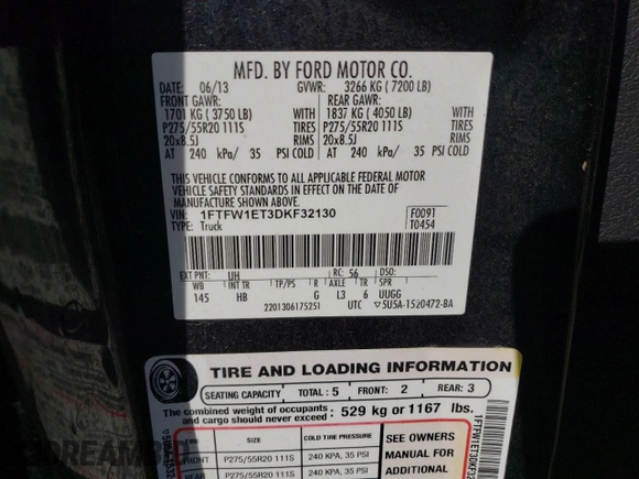 2013 Ford F-150 XL с VIN 1FTFW1ET3DKF32130, выставлен на аукционе Copart как лот 85492014 с пробегом 186 210 миль миль и Списание • Salvage title. История ставок и продаж доступна на DreamBid. Изображение 12.