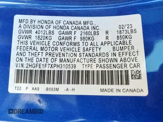 2023 Honda Civic EX с VIN 2HGFE1F7XPH310539, выставлен на аукционе Copart как лот 57753885 с пробегом 26 878 миль миль и Списание • Salvage title. История ставок и продаж доступна на DreamBid. Изображение 12.
