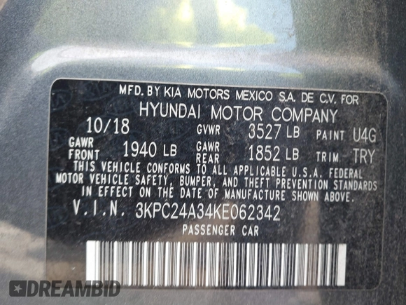 2019 Hyundai Accent SE with VIN 3KPC24A34KE062342, listed as a IAAI auction lot 41749620 with 150,000 mi miles and . Bid and sale history available at carsss.com. Image 9.