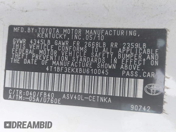 2011 Toyota Camry LE with VIN 4T1BF3EKXBU610045, listed as a IAAI auction lot 42223267 with 178,939 mi miles and . Bid and sale history available at DreamBid. Image 9.