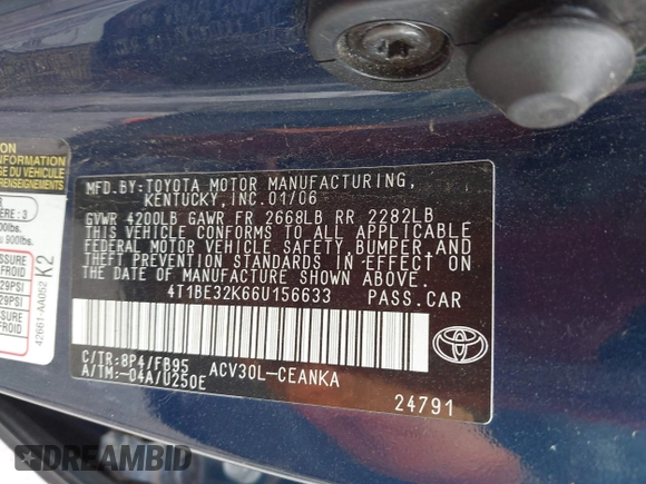 2006 Toyota Camry STD with VIN 4T1BE32K66U156633, listed as a IAAI auction lot 42017984 with 167,321 mi miles. Bid and sale history available at carsss.com. Image 9.