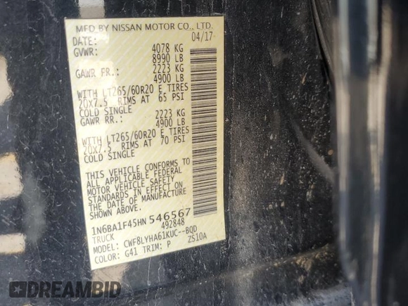 2017 Nissan Titan Platinum Reserve z VIN 1N6BA1F45HN546567, wystawiony jako Copart lot #73242964 z przebiegiem Nie podano mil oraz Szkoda całkowita • Salvage title. Historia ofert i sprzedaży dostępna na DreamBid. Obrazek 12.