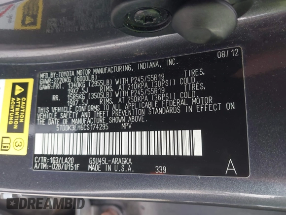2012 Toyota Highlander Limited with VIN 5TDDK3EH6CS174295, listed as a IAAI auction lot 41680246 with 215,531 mi miles. Bid and sale history available at carsss.com. Image 9.