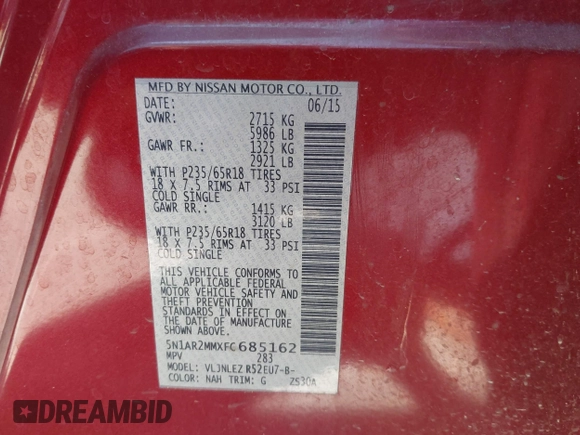 2015 Nissan Pathfinder SL with VIN 5N1AR2MMXFC685162, listed as a IAAI auction lot 42325622 with 172,897 mi miles and . Bid and sale history available at DreamBid. Image 9.