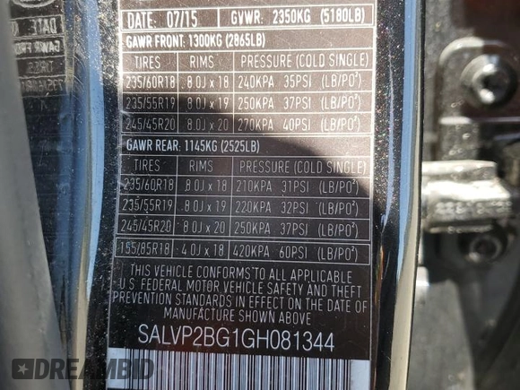 2016 Land Rover Range Rover Evoque SE with VIN SALVP2BG1GH081344, listed as a Copart auction lot 57725915 with 73,331 mi miles and Salvage title. Bid and sale history available at DreamBid. Image 13.
