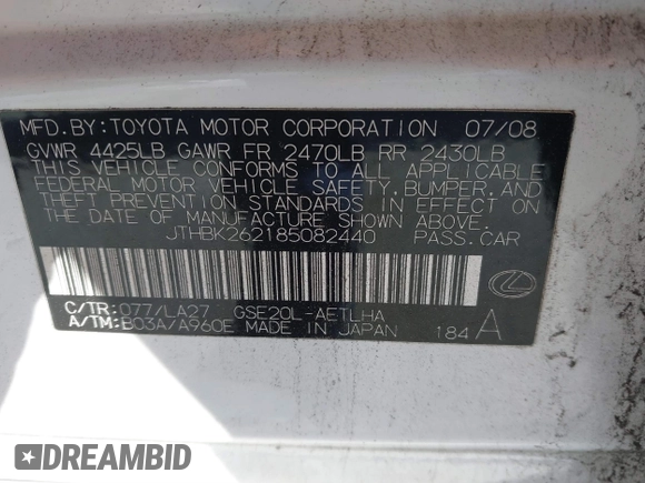 2008 Lexus IS 250 z VIN JTHBK262185082440, wystawiony jako IAAI lot #41830148 z przebiegiem 144 467 mil mil oraz . Historia ofert i sprzedaży dostępna na DreamBid. Obrazek 9.