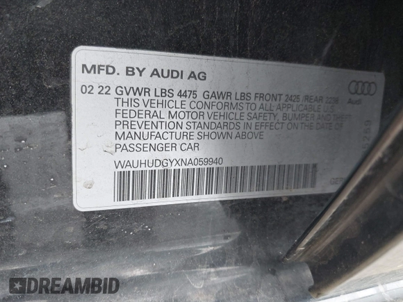 2022 Audi A3 Premium Plus with VIN WAUHUDGYXNA059940, listed as a IAAI auction lot 41553314 with 49,617 mi miles. Bid and sale history available at carsss.com. Image 9.