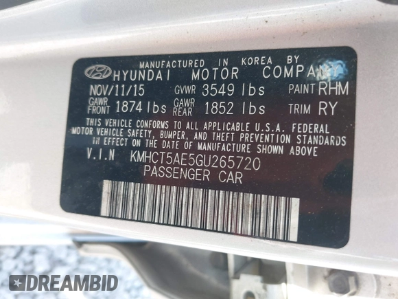 2016 Hyundai Accent SE with VIN KMHCT5AE5GU265720, listed as a IAAI auction lot 41985018 with 158,842 mi miles. Bid and sale history available at carsss.com. Image 9.