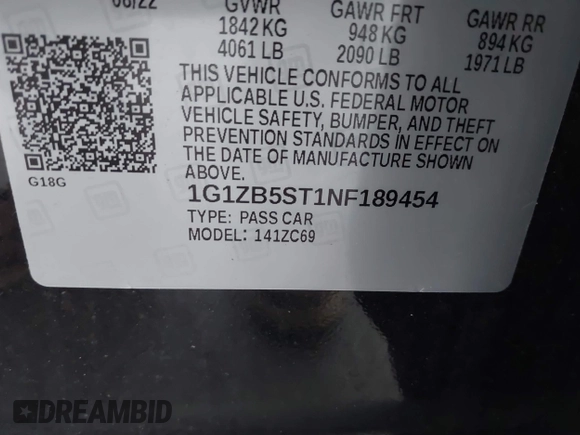 2022 Chevrolet Malibu LS with VIN 1G1ZB5ST1NF189454, listed as a IAAI auction lot 41836508 with 92,018 mi miles and . Bid and sale history available at DreamBid. Image 9.