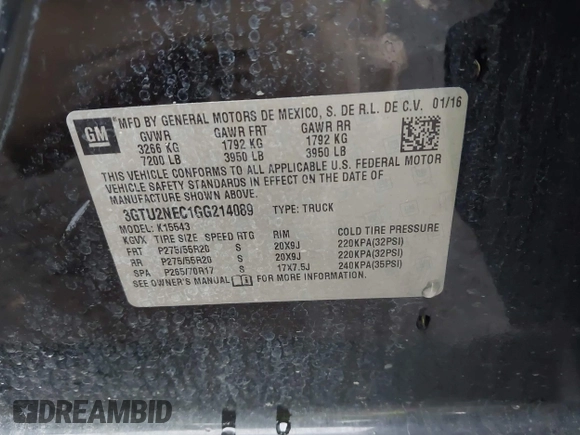 2016 GMC Sierra 1500 SLT with VIN 3GTU2NEC1GG214089, listed as a IAAI auction lot 42132838 with 159,077 mi miles and . Bid and sale history available at DreamBid. Image 9.