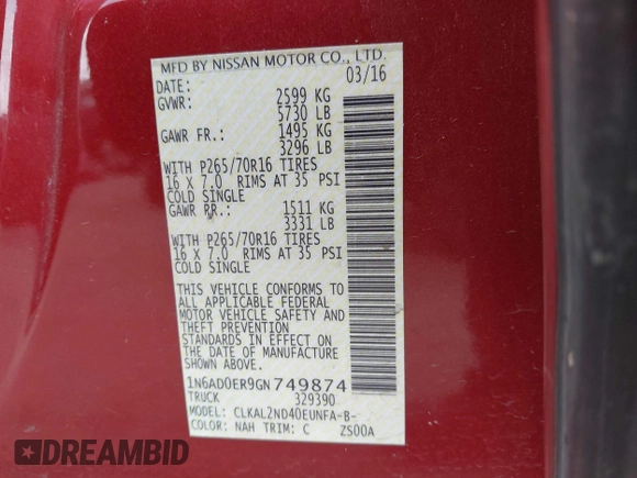 2016 Nissan Frontier SV с VIN 1N6AD0ER9GN749874, выставлен на аукционе IAAI как лот 41931646 с пробегом 94 264 миль миль и . История ставок и продаж доступна на DreamBid. Изображение 9.
