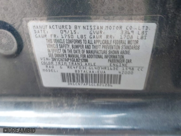 2016 Nissan Versa SV with VIN 3N1CN7AP1GL821286, listed as a IAAI auction lot 41600047 with 143,076 mi miles. Bid and sale history available at carsss.com. Image 9.
