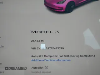 2023 Tesla Model 3 with VIN 5YJ3E1EA7PF473749, listed as a IAAI auction lot 41921478 with 21,483 mi miles and . Bid and sale history available at DreamBid. Image 14.