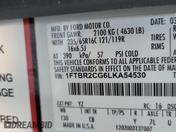 2020 Ford Transit Cargo with VIN 1FTBR2CG6LKA54530, listed as a IAAI auction lot 42547275 with 84,219 mi miles and . Bid and sale history available at DreamBid. Image 29.