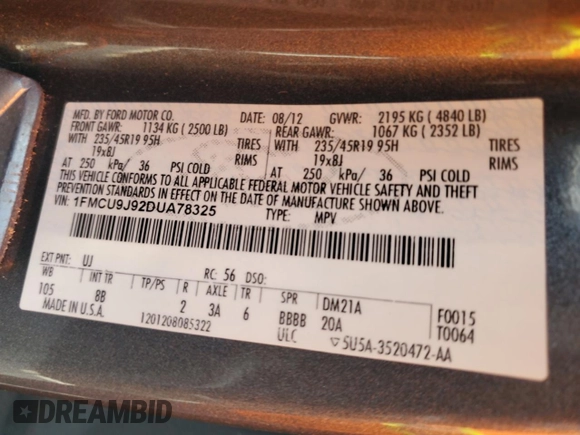2013 Ford Escape Titanium with VIN 1FMCU9J92DUA78325, listed as a Copart auction lot 59010185 with 187,076 mi miles and Non repairable. Bid and sale history available at DreamBid. Image 12.