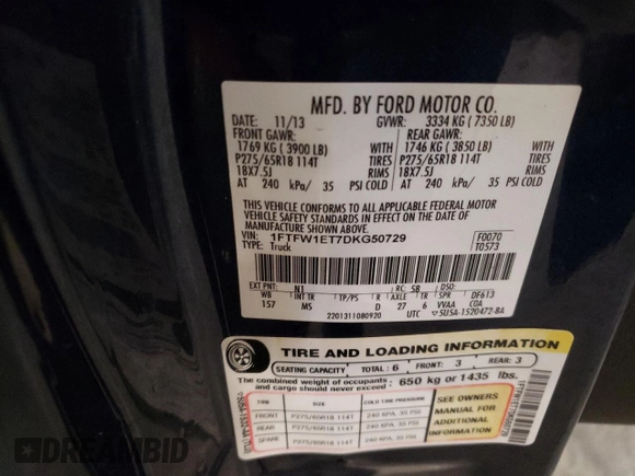 2013 Ford F-150 XL with VIN 1FTFW1ET7DKG50729, listed as a Copart auction lot 80607584 with 130,845 mi miles and Salvage Title. Bid and sale history available at carsss.com. Image 12.