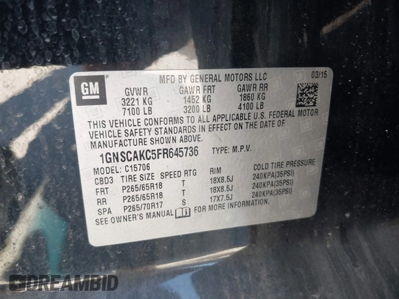 2015 Chevrolet Tahoe LS with VIN 1GNSCAKC5FR645736, listed as a IAAI auction lot 42064623 with 223,149 mi miles and . Bid and sale history available at DreamBid. Image 9.