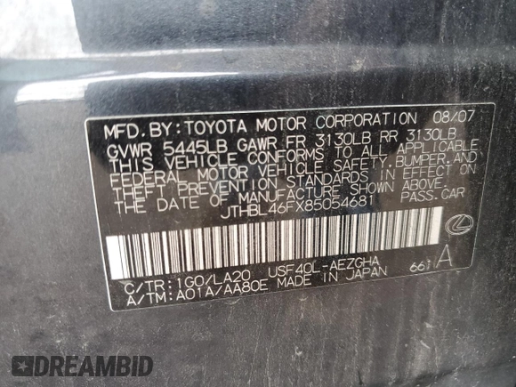 2008 Lexus LS 460 with VIN JTHBL46FX85054681, listed as a Copart auction lot 61207375 with 174,753 mi miles and Salvage title. Bid and sale history available at DreamBid. Image 12.