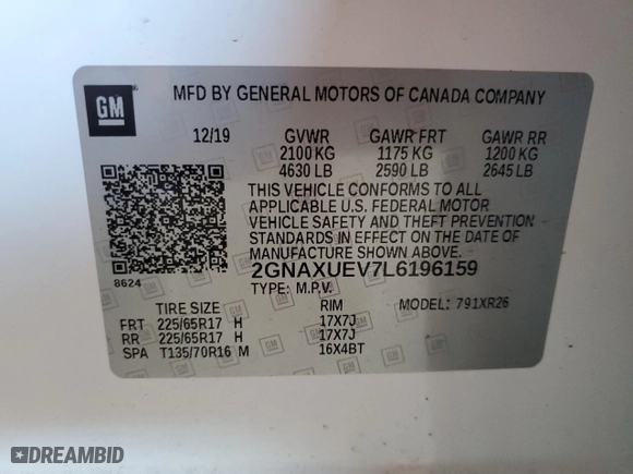 2020 Chevrolet Equinox LT with VIN 2GNAXUEV7L6196159, listed as a Copart auction lot 47588775 with 70,747 mi miles and Clean Title. Bid and sale history available at carsss.com. Image 13.
