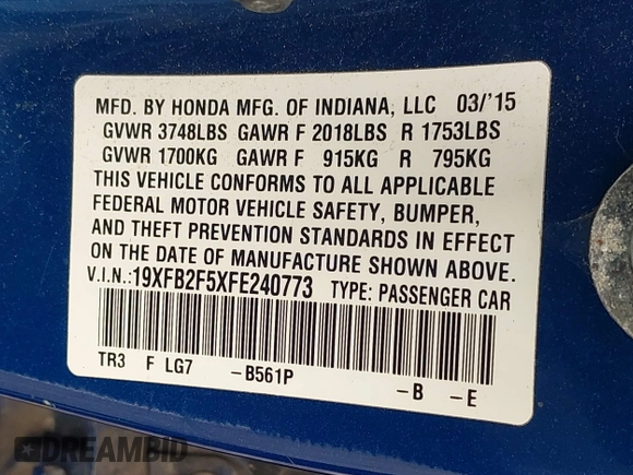 2015 Honda Civic LX with VIN 19XFB2F5XFE240773, listed as a IAAI auction lot 41920735 with 110,772 mi miles and . Bid and sale history available at DreamBid. Image 9.