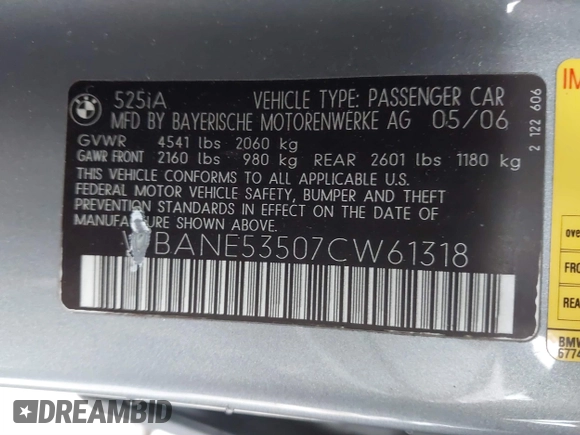 2007 BMW 5 Series 525i with VIN WBANE53507CW61318, listed as a IAAI auction lot 41311943 with Not Provided miles and . Bid and sale history available at carsss.com. Image 9.