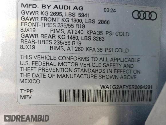 2024 Audi Q5 S line Premium with VIN WA1G2AFY5R2084291, listed as a Copart auction lot 72341454 with 656 mi miles and Salvage title. Bid and sale history available at DreamBid. Image 14.