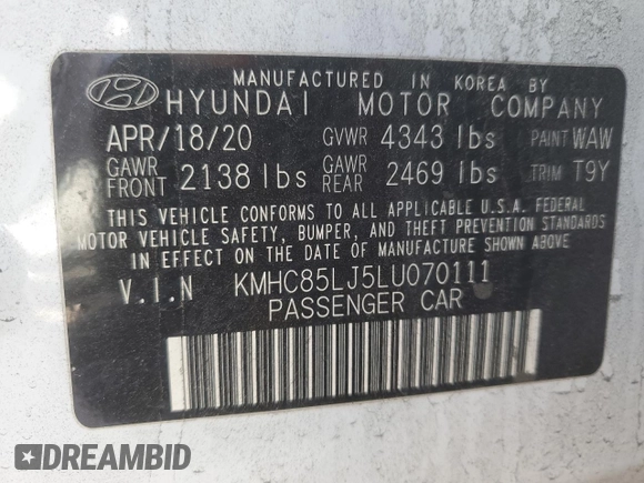 2020 Hyundai Ioniq Limited с VIN KMHC85LJ5LU070111, выставлен на аукционе Copart как лот 89079385 с пробегом Не указан миль и Списание • Salvage title. История ставок и продаж доступна на DreamBid. Изображение 13.