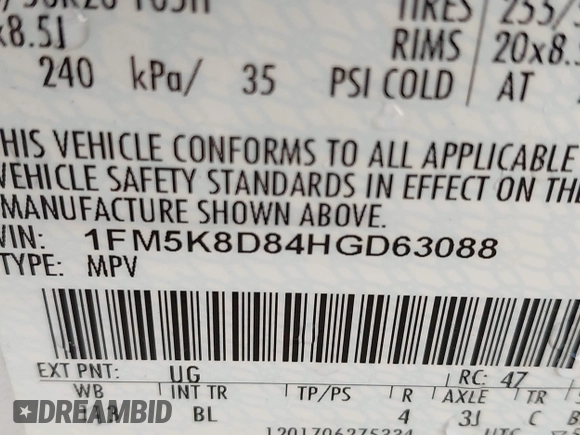 2017 Ford Explorer XLT with VIN 1FM5K8D84HGD63088, listed as a IAAI auction lot 42030137 with 101,645 mi miles and . Bid and sale history available at DreamBid. Image 9.