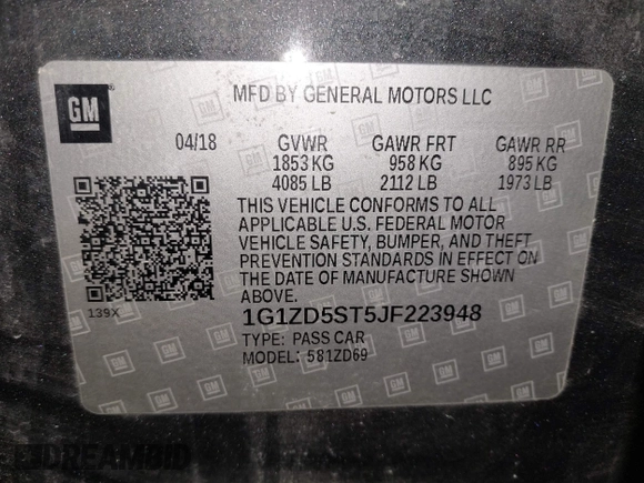 2018 Chevrolet Malibu LT z VIN 1G1ZD5ST5JF223948, wystawiony jako IAAI lot #42248560 z przebiegiem 75 643 mil mil oraz . Historia ofert i sprzedaży dostępna na DreamBid. Obrazek 9.