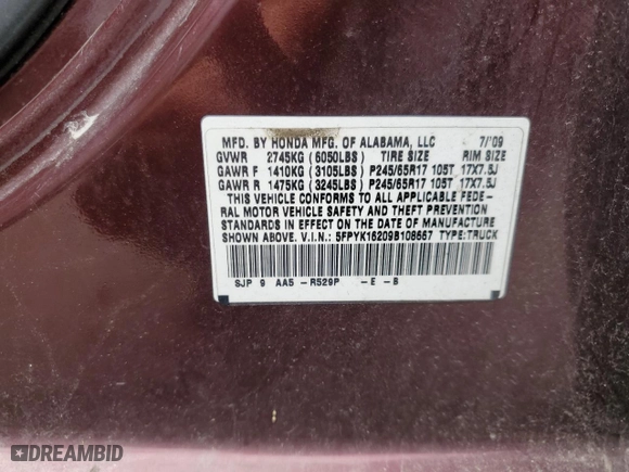 2009 Honda Ridgeline RT with VIN 5FPYK16209B108667, listed as a Copart auction lot 71869654 with 0 mi miles and Clean Title. Bid and sale history available at carsss.com. Image 12.