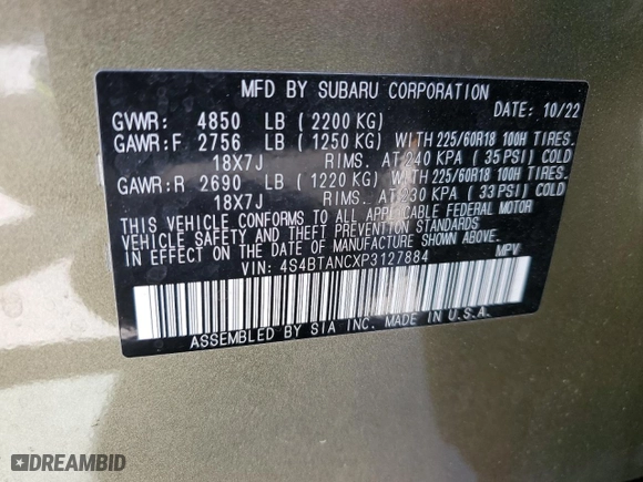 2023 Subaru Outback Limited with VIN 4S4BTANCXP3127884, listed as a Copart auction lot 49683975 with 29,587 mi miles and Salvage Title. Bid and sale history available at carsss.com. Image 14.