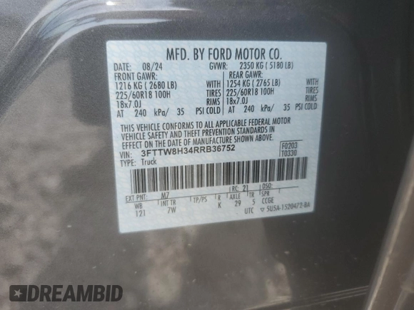 2024 Ford Maverick XLT with VIN 3FTTW8H34RRB36752, listed as a Copart auction lot 57611195 with 4,568 mi miles and Salvage title. Bid and sale history available at DreamBid. Image 13.