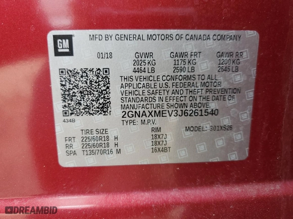 2018 Chevrolet Equinox Premier with VIN 2GNAXMEV3J6261540, listed as a Copart auction lot 50019515 with 76,519 mi miles and Salvage Title. Bid and sale history available at carsss.com. Image 13.