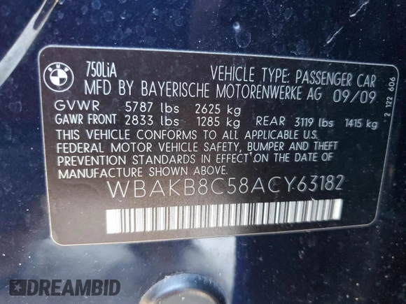 2010 BMW 7 Series 750Li with VIN WBAKB8C58ACY63182, listed as a Copart auction lot 87037964 with 83,484 mi miles and Salvage title. Bid and sale history available at DreamBid. Image 14.