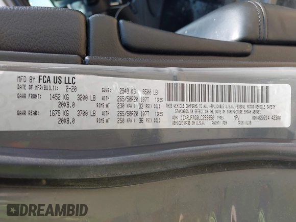2020 Jeep Grand Cherokee Laredo E with VIN 1C4RJFAG0LC293050, listed as a IAAI auction lot 42566345 with 64,960 mi miles and . Bid and sale history available at DreamBid. Image 9.