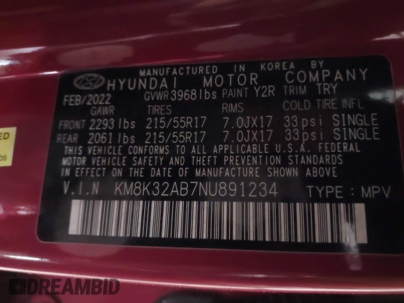2022 Hyundai Kona SEL with VIN KM8K32AB7NU891234, listed as a IAAI auction lot 41329880 with 20,486 mi miles. Bid and sale history available at carsss.com. Image 9.