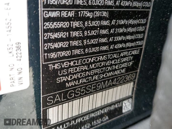 2021 Land Rover Range Rover z VIN SALGS5SE9MA422369, wystawiony jako Copart lot #43907744 z przebiegiem Nie podano mil oraz Czysty tytuł • Clean title. Historia ofert i sprzedaży dostępna na DreamBid. Obrazek 12.
