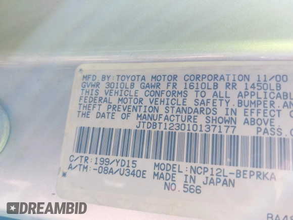 2001 Toyota ECHO with VIN JTDBT123010137177, listed as a IAAI auction lot 42114810 with 280,900 mi miles and . Bid and sale history available at DreamBid. Image 9.