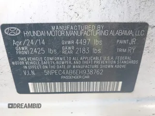 2014 Hyundai Sonata Limited with VIN 5NPEC4AB6EH938762, listed as a IAAI auction lot 42065654 with 205,483 mi miles and . Bid and sale history available at DreamBid. Image 9.