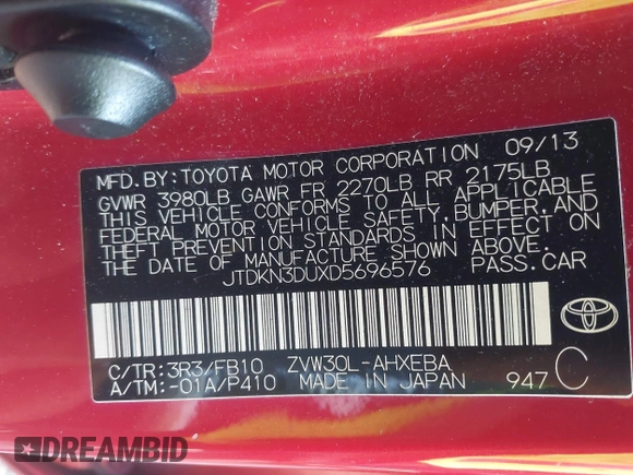 2013 Toyota Prius One z VIN JTDKN3DUXD5696576, wystawiony jako IAAI lot #41951859 z przebiegiem 181 795 mil mil oraz . Historia ofert i sprzedaży dostępna na DreamBid. Obrazek 9.