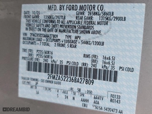 2006 Ford Freestar Wagon SEL with VIN 2FMZA52236BA27809, listed as a Copart auction lot 85420014 with NaN miles and Clean Title. Bid and sale history available at carsss.com. Image 15.