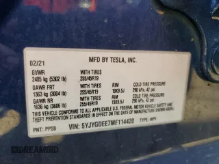 2021 Tesla Model Y Long Range with VIN 5YJYGDEE7MF114420, listed as a Copart auction lot 53889365 with 74,363 mi miles and Salvage Title. Bid and sale history available at DreamBid. Image 14.