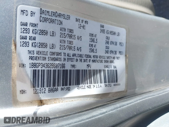 2002 Dodge Grand Caravan with VIN 1B8GP34362B607166, listed as a IAAI auction lot 41670588 with 179,879 mi miles and . Bid and sale history available at DreamBid. Image 9.