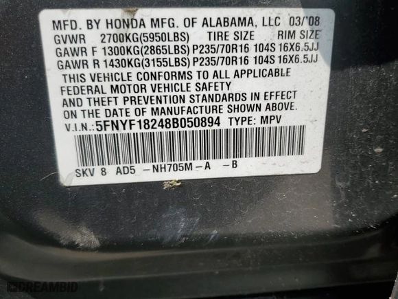 2008 Honda Pilot VP with VIN 5FNYF18248B050894, listed as a Copart auction lot 61406694 with 215,221 mi miles and Non Repairable. Bid and sale history available at carsss.com. Image 13.
