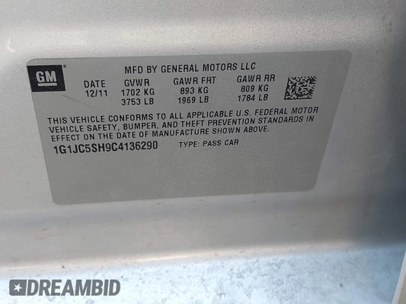 2012 Chevrolet Sonic LT with VIN 1G1JC5SH9C4136290, listed as a IAAI auction lot 42034254 with 273,427 mi miles and . Bid and sale history available at DreamBid. Image 9.