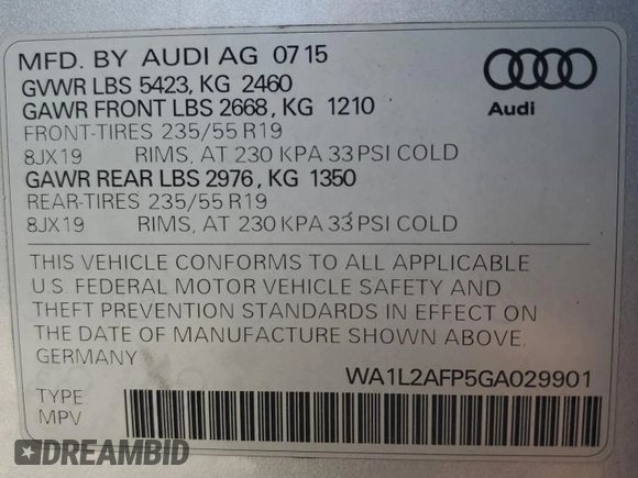 2016 Audi Q5 Premium Plus with VIN WA1L2AFP5GA029901, listed as a Copart auction lot 50709285 with 101,815 mi miles and Salvage Title. Bid and sale history available at carsss.com. Image 13.
