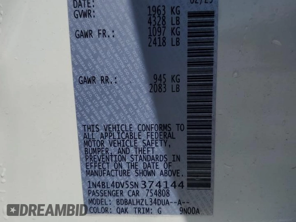 2025 Nissan Altima SV with VIN 1N4BL4DV5SN374144, listed as a Copart auction lot 53586105 with 1,409 mi miles and Clean Title. Bid and sale history available at DreamBid. Image 13.